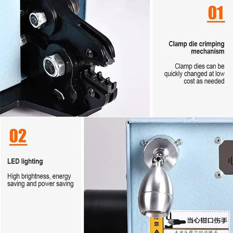 Essential Electric Terminal Crimping Machine For 0.05 To 6mm2 Wires showing clamp die mechanism and LED light for precision crimping.