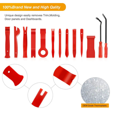 Nylon Car Fastener Clip Kit For Panels And Dashboards DIY Ready 13 Piece Trim Removal Tool Set, red tools close-up