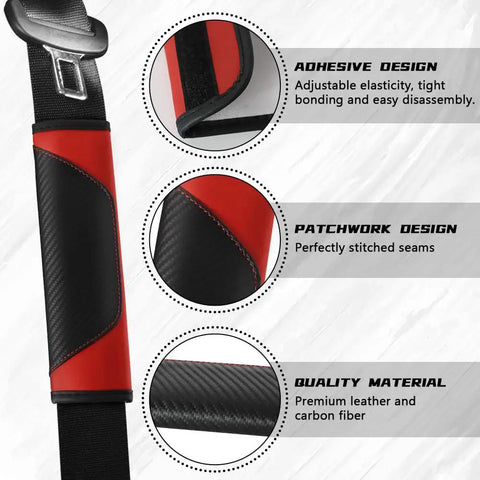 2 Pack Car Seat Belt Cover Pads Soft Carbon Fiber Leather Shoulder Protector For Ultra Comfy Driving And Neck Comfort Universal Safety Belt Strap Cover To Prevent Friction And Strap Chafing Red showing adhesive and patchwork design details