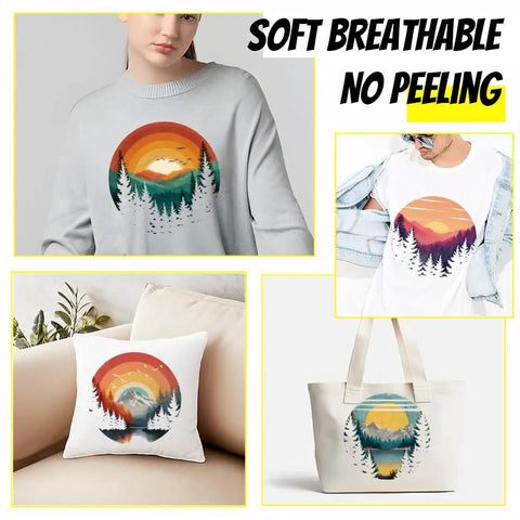 Dope Retro Mountain Iron On Patches Set 4 Colorful Forest Themed Heat Transfer Stickers on shirt, pillow, and tote bag