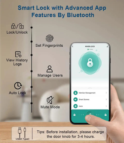 Smart Fingerprint Door Lock With Keypad And App Control 4 In 1 Biometric Door Knob with smartphone app display
