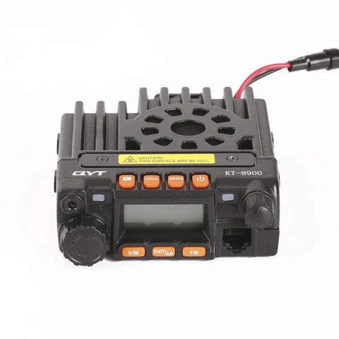Close-up of 20W dual band mobile ham radio for 2m and 70cm with car transceiver kit showing front controls and wiring connection.