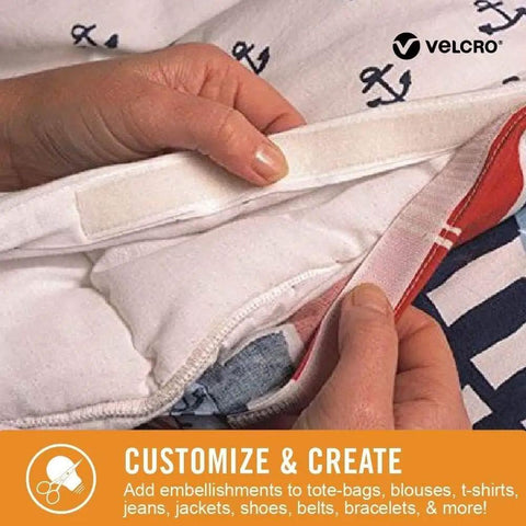 Foolproof Slap On Fabric Tape 24 Inches Long By Three Quarters Wide Strong Adhesive hemming tape applied to white fabric.