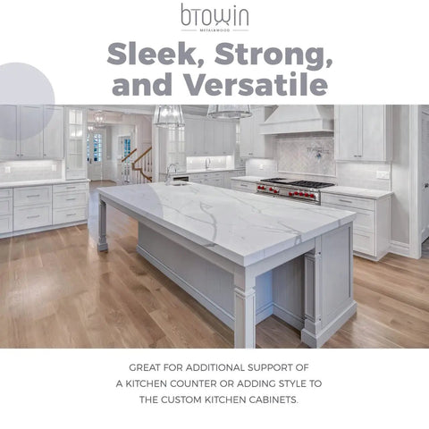 Sleek white kitchen with modern island supported by sturdy 35.5 inch tall wooden kitchen island leg set, unfinished raised panel columns.
