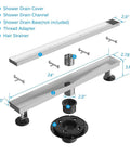 Detailed view of 24 Inch Brushed Nickel Linear Shower Drain With Tile Insert Grate, 304 Stainless Steel Rectangle Shower Floor Drain, 2 in 1 design showing parts.