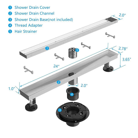Detailed view of 24 Inch Brushed Nickel Linear Shower Drain With Tile Insert Grate, 304 Stainless Steel Rectangle Shower Floor Drain, 2 in 1 design showing parts.