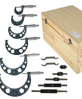 Six Pack Outside Micrometer Set 0 To 6 Inches With 0.0001 Inch Precision displayed with wooden case and calibration rods.