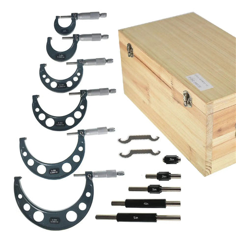 Six Pack Outside Micrometer Set 0 To 6 Inches With 0.0001 Inch Precision displayed with wooden case and calibration rods.