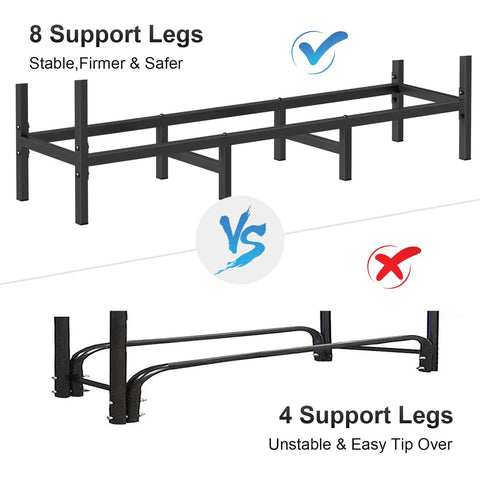 Comparison of Heavy Duty Firewood Rack For Indoor And Outdoor Use with 8 vs 4 support legs showing stability differences