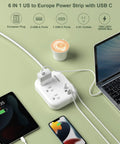 Six Foot European Travel Power Strip With Three US Outlets And Three USB Ports, US To Europe Plug Adapter, devices connected