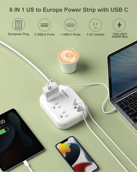 Six Foot European Travel Power Strip With Three US Outlets And Three USB Ports, US To Europe Plug Adapter, devices connected
