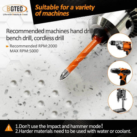 BGTEC masonry drill bit set, front view, 10 pcs with tungsten carbide tips; orange hex-shank bit on concrete