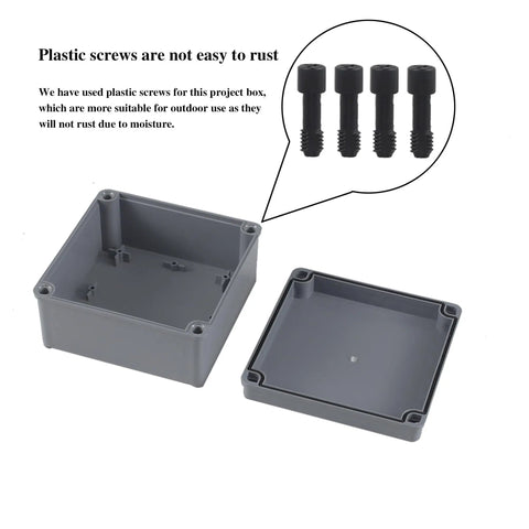 4 Pack Heavy Duty Abs Plastic Junction Boxes 6 In X 6 In X 3 In IP65 Waterproof showing grey box and rust-resistant plastic screws.