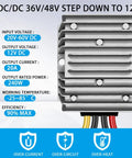 Tough As Nails DC Step Down Voltage Converter 48V To 12V 20A 240W Regulator with aluminum housing for electric vehicles.