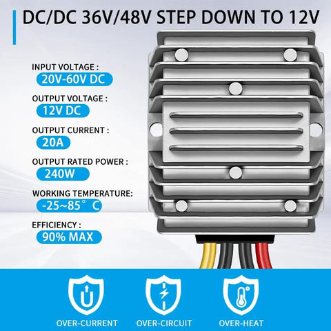 Tough As Nails DC Step Down Voltage Converter 48V To 12V 20A 240W Regulator with aluminum housing for electric vehicles.