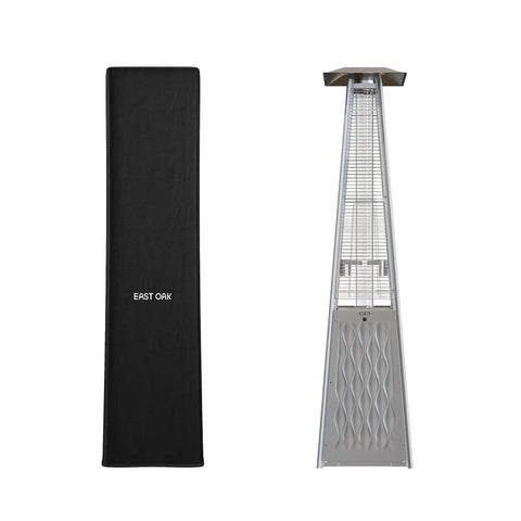 Outdoor Pyramid Patio Heater Cover With 300D Oxford Fabric Zipper And Storage Bag Waterproof Dustproof Windproof Snow Resistant 91 Inch Tall With Top 18.5 Inch And Base 20.87 Inch Fits Pyramid Propane Heaters And More, shown with cover beside heater.