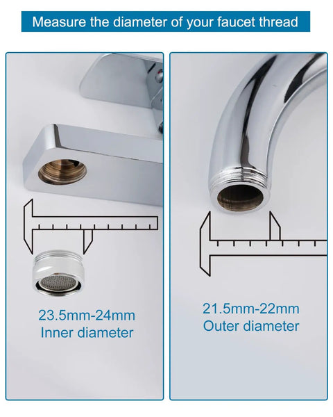 Swivel Aerator Faucet Adapter Kit For Garden Hose Connect Kitchen Sink To Hose With 3/4 Inch Standard Male Thread Multi-Thread Chrome Finish No-Fuss Leak-Free Setup For Any Garden Hose, 23.5-24mm inner and 21.5-22mm outer thread size guide