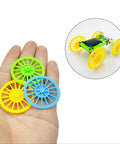 Hand holding green, blue, and yellow wheels with RC model, Dope 60 Piece Vintage Plastic Wheels Set With 30 Piece Metal Axles For RC Cars Trucks And Airplanes 37mm Wheel Diameter Fits 2mm Shafts DIY Model Toy Accessories For Custom Builds.