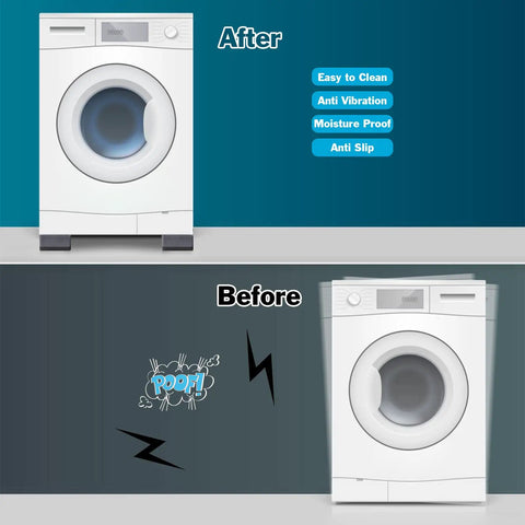 Anti Vibration Pads for Washing Machine and Dryer Feet Kit showing before and after stability effect