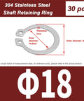 Heavy Duty 30 Pcs Of 304 Stainless External Circlips And C-Clip Retaining Rings, 18mm shaft retaining ring with 20.2mm outer diameter.