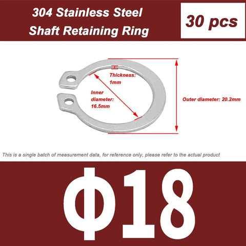 Heavy Duty 30 Pcs Of 304 Stainless External Circlips And C-Clip Retaining Rings, 18mm shaft retaining ring with 20.2mm outer diameter.
