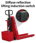 Heavy Duty Electric Scissor Pallet Jack 3300lb Capacity Walkie Truck With 45x27 Forks Auto Induction Lift showing lifting induction switch.