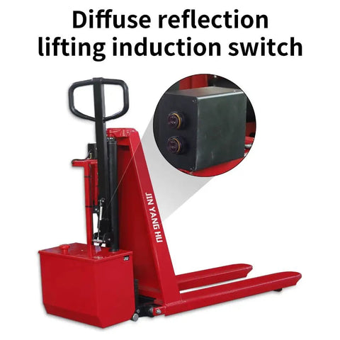 Heavy Duty Electric Scissor Pallet Jack 3300lb Capacity Walkie Truck With 45x27 Forks Auto Induction Lift showing lifting induction switch.