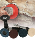 Straight Shot 1/4 Inch Air Angle Die Grinder With 90 Degree Powerhead And Four Collets, featuring various polishing discs for metal work.