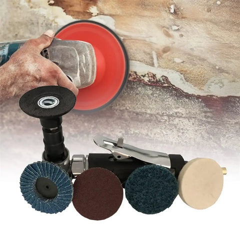 Straight Shot 1/4 Inch Air Angle Die Grinder With 90 Degree Powerhead And Four Collets, featuring various polishing discs for metal work.