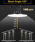 UFO LED High Bay Light With Adjustable Wattage 80W 100W 150W, 120° beam angle diagram, ideal for warehouses and factories