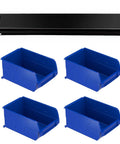 Wall Mounted Garage Storage Rack With Eight Bins And Two Rails Hardware Organizer For Tools Screws And Small Parts In Blue For Workshops And Garages For Quick Access, showing blue bins and a mounting rail.