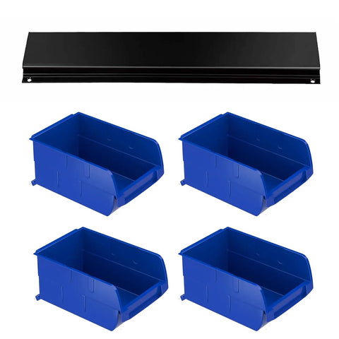 Wall Mounted Garage Storage Rack With Eight Bins And Two Rails Hardware Organizer For Tools Screws And Small Parts In Blue For Workshops And Garages For Quick Access, showing blue bins and a mounting rail.