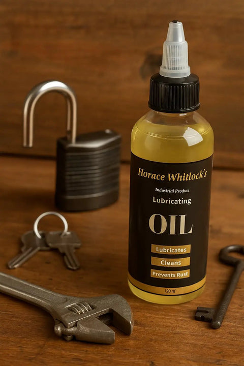 Horace Whitlock's 120ml Rugged Industrial Lubricating Oil For Tools And Machinery With Rust Prevention on wooden surface with tools