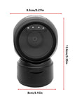 Front view of 1D 2D QR Barcode Scanner With Buzzer And LED Indicator Automatic Omnidirectional Desktop Reader with size dimensions