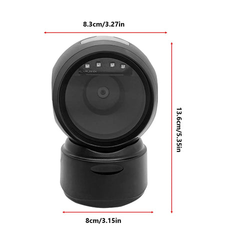 Front view of 1D 2D QR Barcode Scanner With Buzzer And LED Indicator Automatic Omnidirectional Desktop Reader with size dimensions