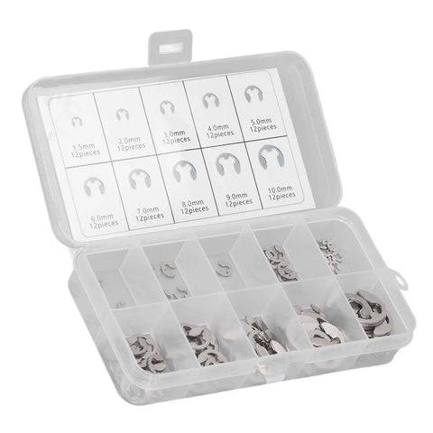 120 Piece E Clip Circlip Retaining Ring Set In 304 Stainless Steel For Shafts Gears And Pulleys With Storage Box M1.5 To M10 displayed in box