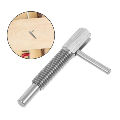 Pro Grade Stainless Steel Retractable Plunger Pin With Beefy L Shaped Thumb Knobs For Toolboxes Screens And Furniture on a wooden surface.