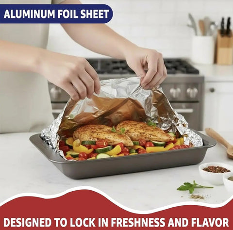 Person using Heavy Duty Aluminum Foil Roll 18 Inch By 500 Feet For Cooking And Grilling Catering And Restaurant Use Extra Thick Commercial Grade Tin Foil Resists Tears And Leaks Multipurpose Food Service Foil on roasted dish in kitchen