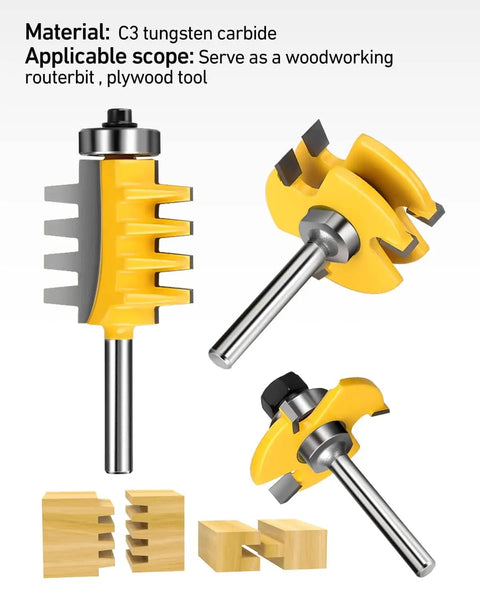 One Quarter Inch Shank Tongue And Groove Router Bits Set And Reversible Finger Joint Router Bit Three Pack Pro Grade