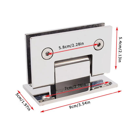 Heavy Duty Frameless Shower Door Hinges For Tempered Glass Doors Pro Grade Steel Pivot Pin with measurements and detailed view.