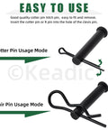 All In One 67 Piece Flat Head Cotter Pins Assortment Kit With R Clips Clevis Pins And Split Cotter Pins Stainless Steel Black Finish 11 Sizes For DIY Auto Home Improvement Projects Keadic shown with cotter pin and hair pin usage modes.