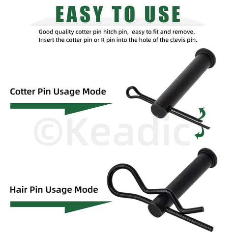 All In One 67 Piece Flat Head Cotter Pins Assortment Kit With R Clips Clevis Pins And Split Cotter Pins Stainless Steel Black Finish 11 Sizes For DIY Auto Home Improvement Projects Keadic shown with cotter pin and hair pin usage modes.