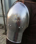 Rugged Medieval Pauldrons Shoulder Armor For Knights, Steel Armor For SCA And LARP, classic 14th century style on padded jacket