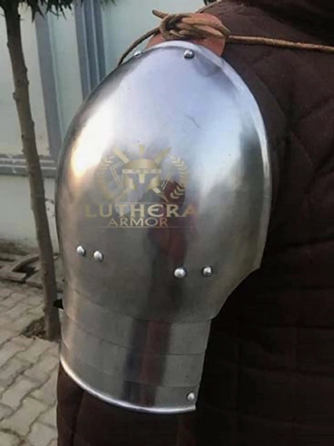 Rugged Medieval Pauldrons Shoulder Armor For Knights, Steel Armor For SCA And LARP, classic 14th century style on padded jacket
