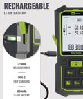 Close-up of No Fuss Grab and Go Dual Laser Distance Meter 525FT Range Rechargeable Measure Tool with Type-C charging port.