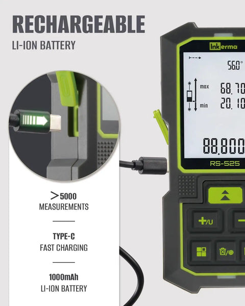 Close-up of No Fuss Grab and Go Dual Laser Distance Meter 525FT Range Rechargeable Measure Tool with Type-C charging port.