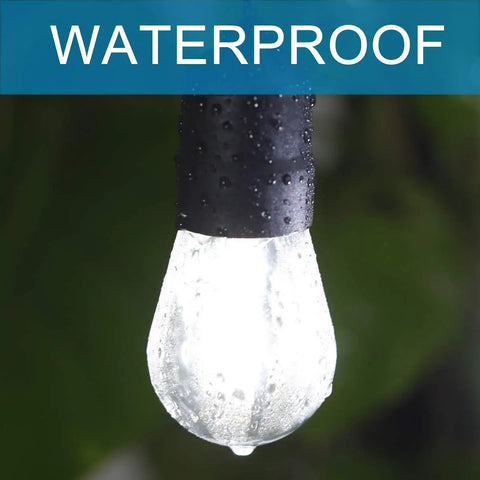 Close-up of waterproof bulb on 30-Foot Cool White LED Outdoor String Lights With 10 Hanging Sockets in rain.