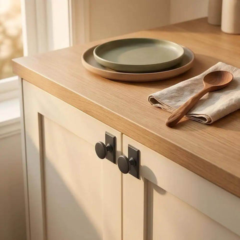 Modern Round Cabinet Knobs With Backplates 2 Pack Zinc Alloy Hardware visible on kitchen cabinet by wooden countertop