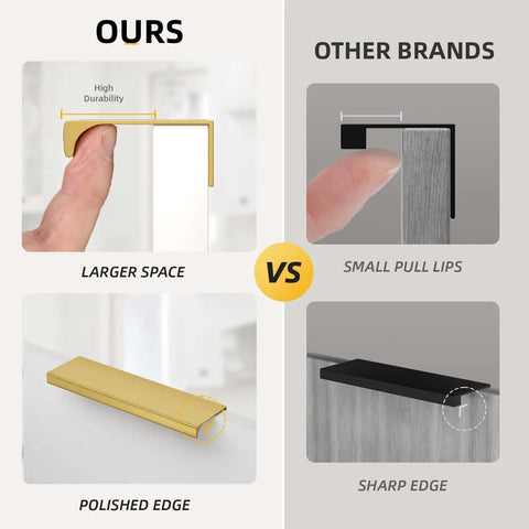 Comparison of Heavy Duty Gold Finger Edge Pulls 3 Inch Cabinet Handles with larger space vs black competitor with sharp edge.