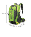 40L Water Resistant Travel Backpack For Camping And Hiking, Everyday Daypack And Trekking Bag, green with measurements